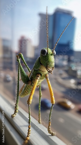 Grasshopper on Window Ledge Overlooking a Busy City Street During a Sunny Day.
