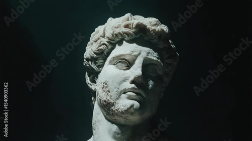 Ancient marble statue head with curly hair and beard, captured in realistic style, illuminated with dramatic light on dark background, concept of classical art
