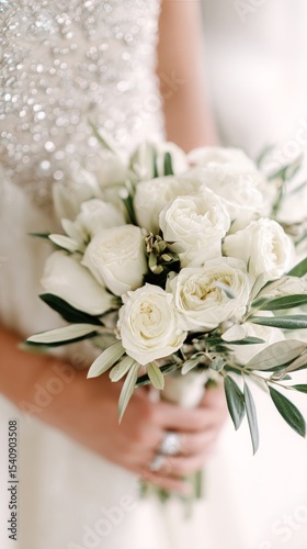 Bridal Bouquet of White Roses and Greenery Held by a Bride in a Sparkling Gow...