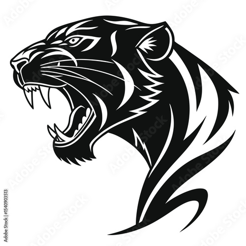 A stylized illustration of a fierce tiger's head with its mouth open, exuding power and intensity