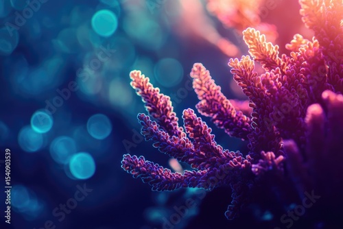 Fototapeta Naklejka Na Ścianę i Meble -  Close-up of vibrant purple coral with blurred blue bokeh lights in the background, creating a surreal underwater scene.