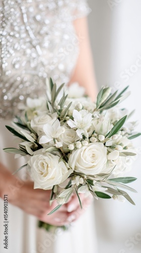 Elegant White Bouquet Featuring Roses and Seasonal Flowers Held by a Bride Du...
