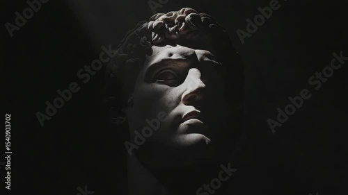 Close-up of a classical marble sculpture face under dramatic lighting, realistic style, dark background, concept of art, power, and mystery
