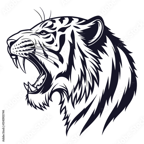 A powerful depiction of a roaring tiger with striking stripes, teeth and open mouth