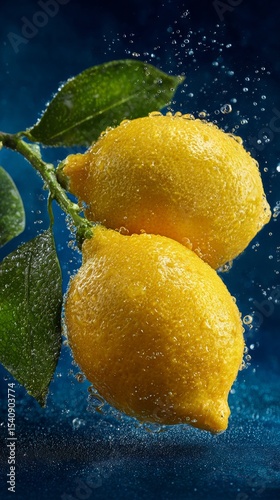 Fresh Lemons on a Branch Covered in Water Droplets Against a Dark Background