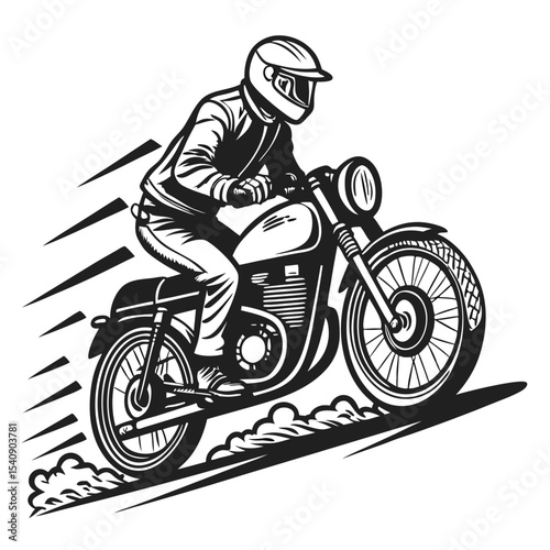 A motorcyclist speeding on a classic motorcycle, capturing the essence of adventure and speed. The monochrome aesthetic enhances the dynamic energy of the scene