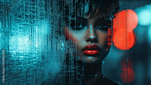 Portrait of a woman with red lips seen through wet glass, cinematic style, neon city background, concept of mystery and allure