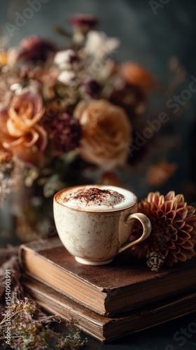 Cozy Coffee Cup With Floral Arrangement on Vintage Books in Warm Light During...