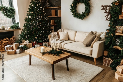 Cozy Holiday Living Room With Festive Decorations and Warm Lighting in a Comf...