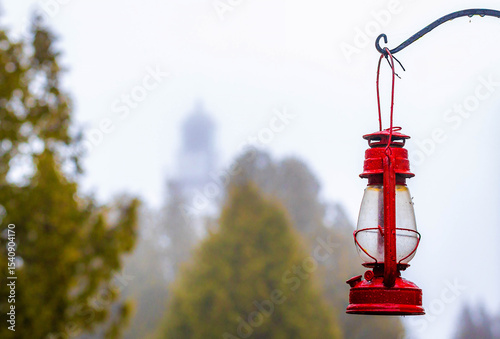 Red Lantern in Foggy Forest