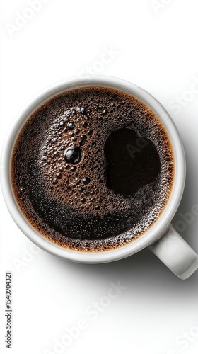 Warm Black Coffee in a White Cup Captured From Above During Morning Hours.