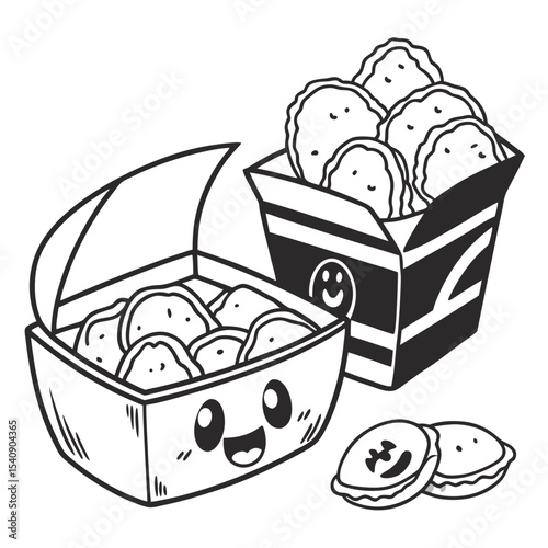 Delicious looking savory snack in cartoon form, perfect for any culinary project, black and white style, with a smiling face