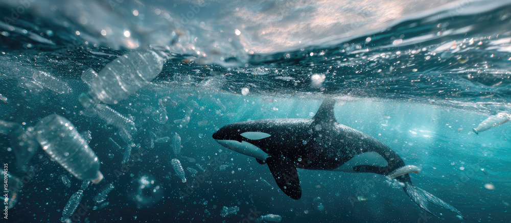 Fototapeta premium Orca swims gracefully beneath ocean surface, surrounded by floating plastic bottles. This powerful image captures contrast between beauty of marine life and environmental challenges facing our oceans