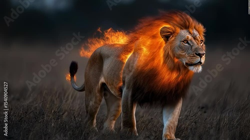 A lion strides confidently through a grassy landscape at twilight. Its mane is vividly transformed, appearing to be engulfed in flames, creating a striking visual contrast with the environment
