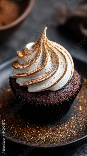 Delicious Gourmet Cupcake With Toasted Meringue Topping Displayed on a Black ...