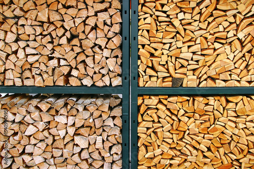 Stacked firewood in metal rack with contrasting wood tones