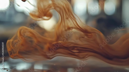 Flowing smoke in rich amber tones creates an enchanting visual effect in a cozy indoor space. The atmospheric display captivates viewers with its elegance and movement