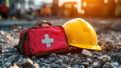 Fototapeta Naklejka Na Ścianę i Meble -  Safety equipment at a construction site during sunset with a focus on a first aid kit and hard hat