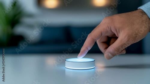 A person gently presses a smart device on a table in a contemporary living room. The ambient light creates a cozy atmosphere during the evening, reflecting modern technology use
