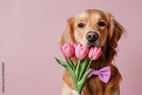 Golden Retriever Holds Pink Tulips With a Bow Tie Against a Soft Pink Background