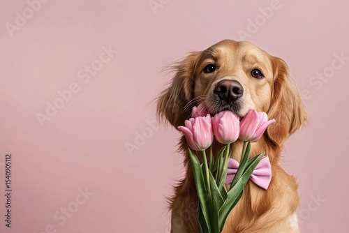 Golden Retriever Holds Pink Tulips Against a Soft Pink Background With a Purp...