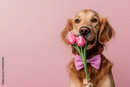Golden Retriever Holds Pink Tulips With a Bow Tie Against a Soft Pink Backgro...
