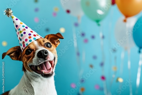 Happy Dog Celebrating Birthday With Party Hat and Colorful Decorations.