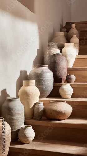 Artistic Pottery Arrangement on Wooden Stairs in Natural Light Highlights Cra...