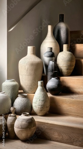 Artistic Pottery Arrangement on Wooden Stairs in Natural Light Highlights Cra...