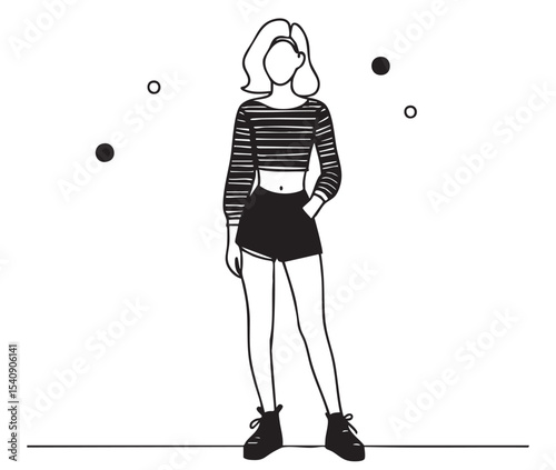Fashion illustration. Model, girl in short shorts and top. Teenager