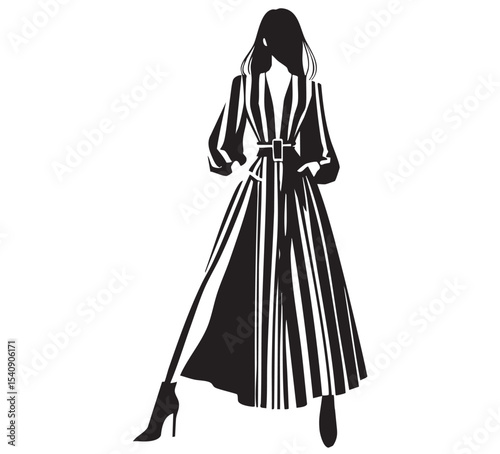 Abstract fashion models in black long striped dress, sketch
