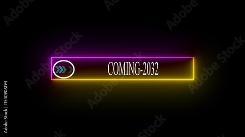 Digital Neon Coming Soon 2032 Text and Arrow – 4K Transparent Motion Design.on black background.