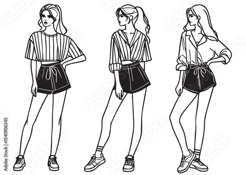 Fashion illustration. Model, girl in short shorts, summer, abstract