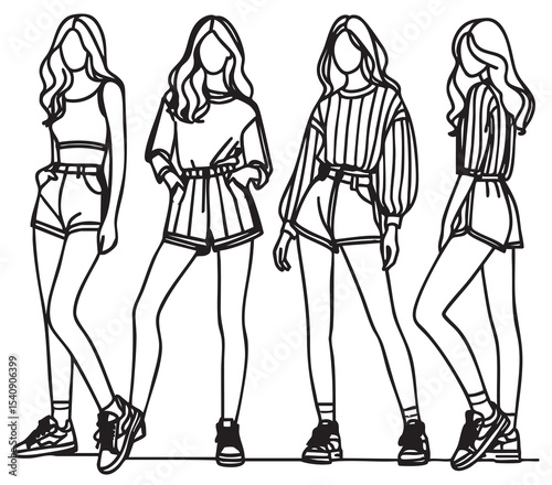 Fashion illustration. Model, girl in short shorts, summer, abstract