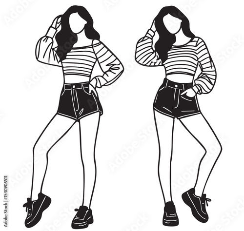 Fashion illustration. Model, girl in short shorts, summer, abstract