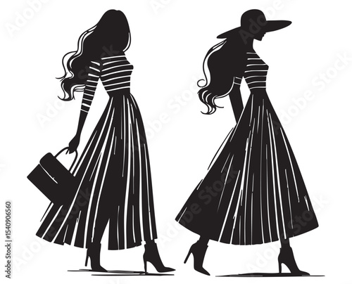 Fashion models. Sketch. Womans silhouette in dress and hat. Fashion illustration