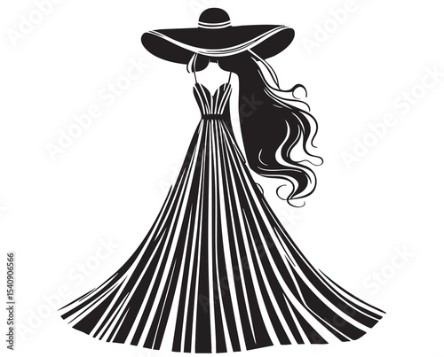 Fashion models. Sketch. Woman silhouette in striped black dress and hat. Fashion illustration