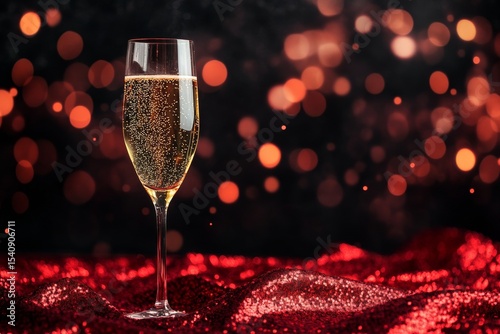 Celebratory Champagne Glass With Sparkling Bubbles on a Shimmering Red Surface