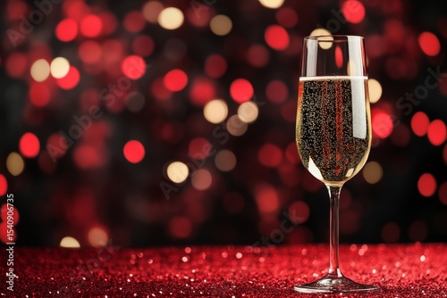 Celebratory Champagne Glass With Sparkling Bubbles on a Shimmering Red Surface.