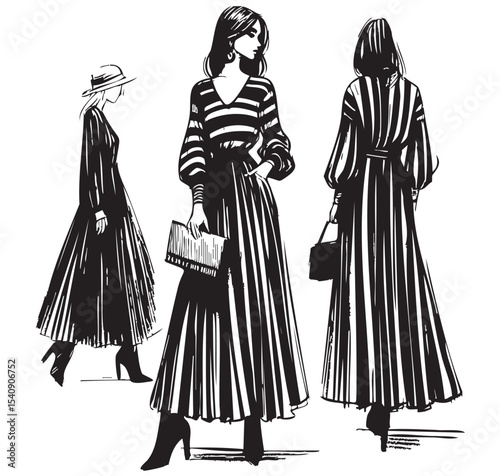 Fashion woman illustration in long black dress walking, sketch, summer
