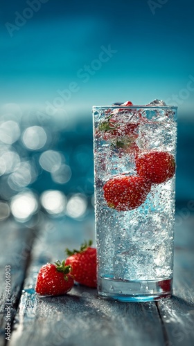 Refreshing Strawberry Sparkling Drink on a Wooden Table by the Water on a Sun...