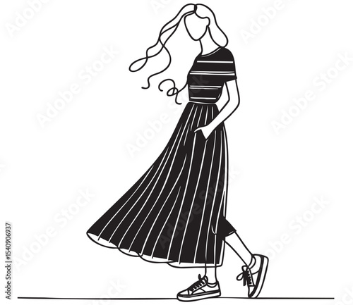 Fashion woman in long black dress walking, sketch, summer