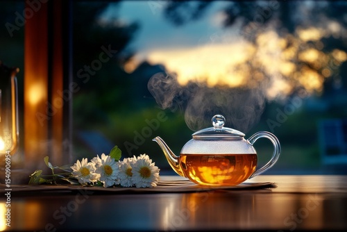 Steaming Teapot With Flowers on Wooden Table Near Window in Evening Light.