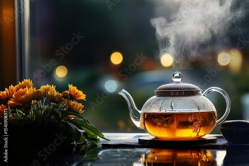 Steaming Teapot Beside Vibrant Flowers Creates a Cozy Atmosphere in a Warm Se...