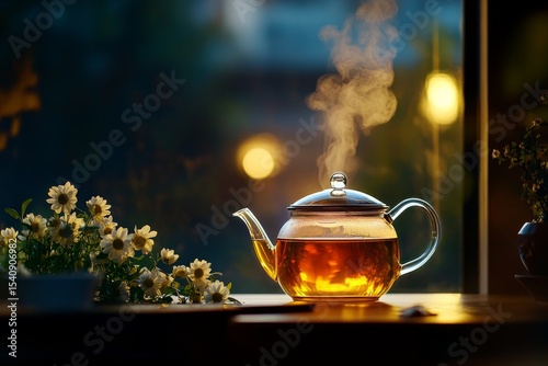 Steaming Teapot Beside Vibrant Flowers Creates a Cozy Atmosphere in a Warm Se...