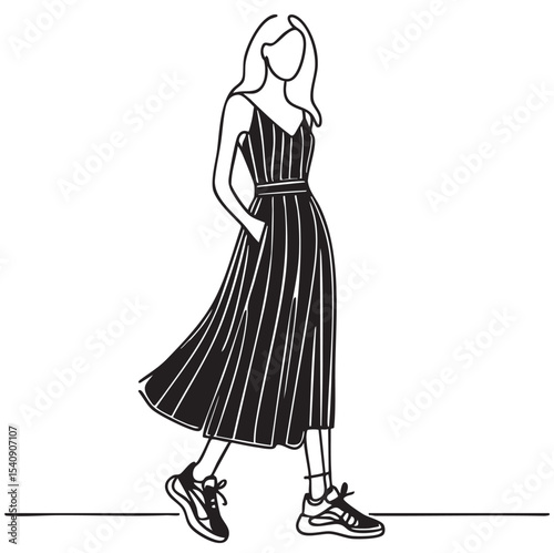 Beautiful woman in long black dress walking, sketch, summer