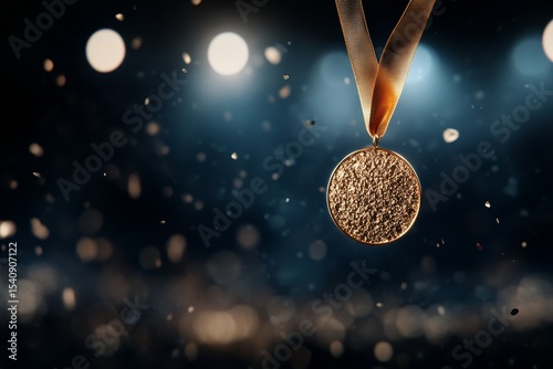 Gold Medal Hanging in Spotlight With Confetti Raining Down on Achievement Cel...