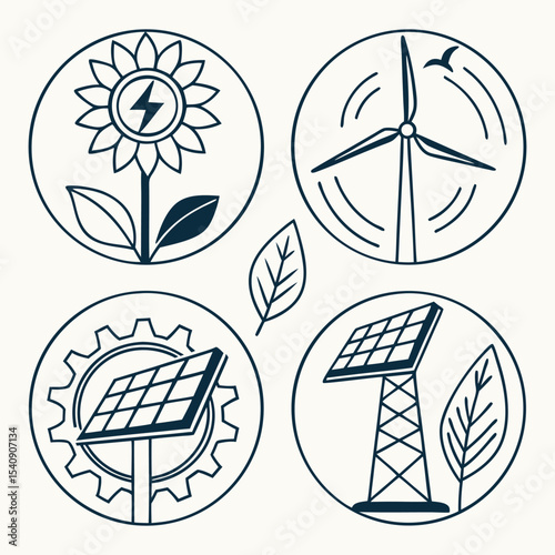Four Dark Blue Line Art Icons Depicting Renewable Energy Sources Sunflower Solar Panel Wind