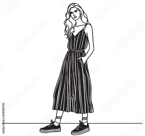Beautiful woman in long black dress walking, sketch, summer