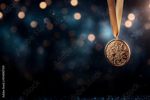 Gold Medal Hanging in Spotlight With Confetti Raining Down on Achievement Cel...